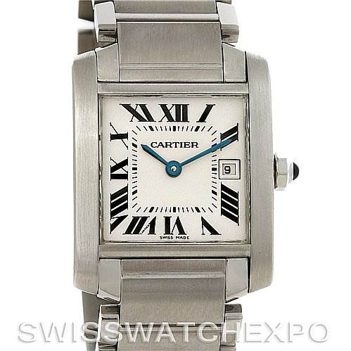 The image shows a front view of a Cartier Tank Française watch, highlighting its face, bracelet, and crown.
