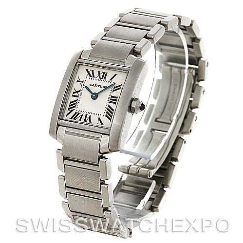 The image shows a Cartier Tank Francaise W51008Q3 Women's Stainless Steel White Dial W51008Q3 Women's Stainless Steel White Dial watch at a three-quarter angle, displaying the face, bracelet, and clasp.