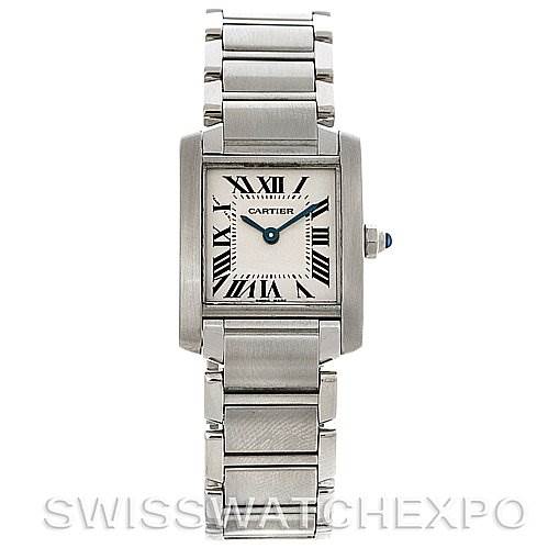 This image shows a full frontal view of the Cartier Tank Francaise W51008Q3 Women's Stainless Steel White Dial W51008Q3 Women's Stainless Steel White Dial watch, highlighting its face, Roman numeral markers, and metal bracelet.
