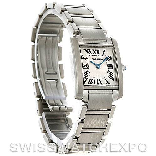 The image shows a Cartier Tank Française watch from an angled side view, highlighting the bracelet and face details.