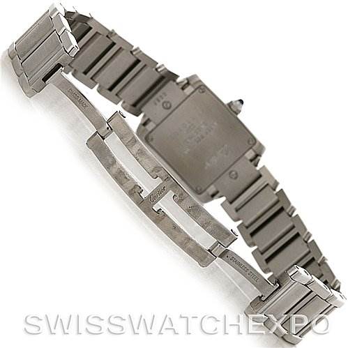 The image shows the back and bracelet of a Cartier Tank Française watch, highlighting the clasp and bracelet links.