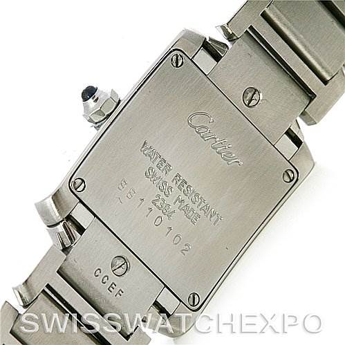 The image shows the back case and part of the bracelet of a Cartier Tank Francaise W51008Q3 Women's Stainless Steel White Dial W51008Q3 Women's Stainless Steel White Dial watch.