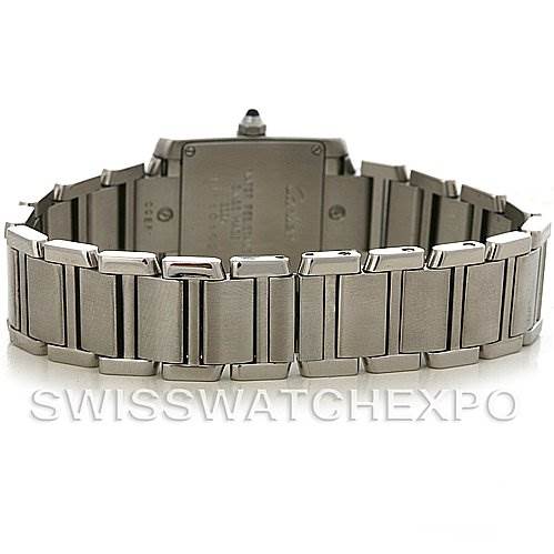 This image shows the backside and bracelet of a Cartier Tank Francaise W51008Q3 Women's Stainless Steel White Dial W51008Q3 Women's Stainless Steel White Dial watch, highlighting the metal links and case back.