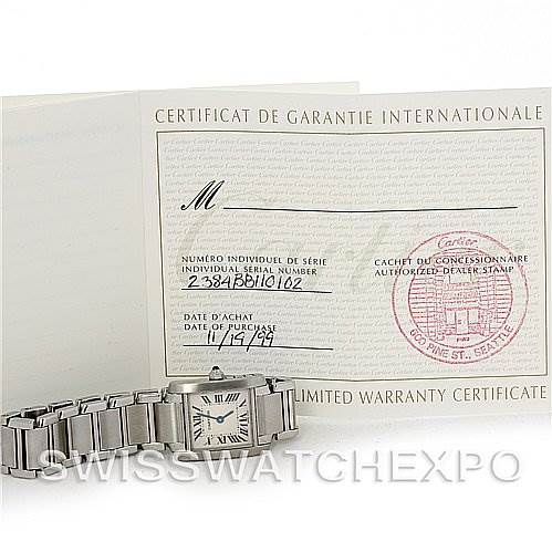 The image shows a Cartier Tank Francaise W51008Q3 Women's Stainless Steel White Dial W51008Q3 Women's Stainless Steel White Dial watch next to its international warranty certificate.