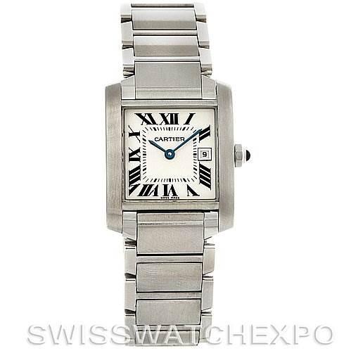 This image shows a front view of the Cartier Tank Francaise W51011Q3 Women's Stainless Steel Silver Dial W51011Q3 Women's Stainless Steel Silver Dial watch, highlighting the face, bezel, and bracelet.