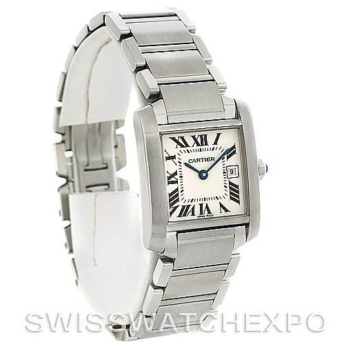 This image shows a left-angle view of the Cartier Tank Francaise W51011Q3 Women's Stainless Steel Silver Dial W51011Q3 Women's Stainless Steel Silver Dial watch, highlighting its face, bracelet, and crown.