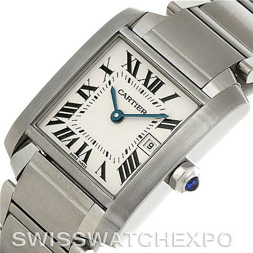 This image shows a close-up angled view of a Cartier Tank Française watch, highlighting the dial, crown, and part of the bracelet.