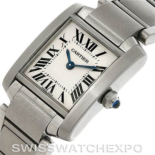 This image shows the Cartier Tank Française model from a three-quarter angle, displaying the face, crown, and part of the bracelet.
