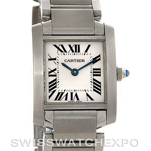 The image shows a front view of the Cartier Tank Francaise W51008Q3 Women's Stainless Steel Silver Dial W51008Q3 Women's Stainless Steel Silver Dial watch, highlighting its stainless steel case, bracelet, and Roman numeral dial.
