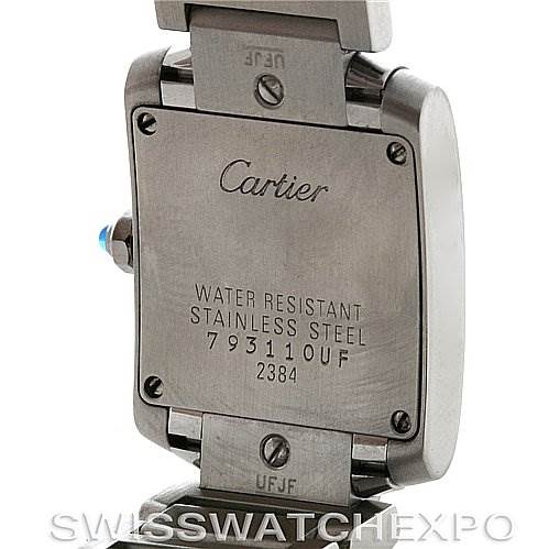 The image shows the back case of a Tank Francaise model by Cartier, highlighting the water resistance and stainless steel specifications.