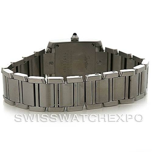 The image shows the back view of a Cartier Tank Francaise W51008Q3 Women's Stainless Steel Silver Dial W51008Q3 Women's Stainless Steel Silver Dial watch, highlighting the bracelet and case back.