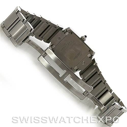 The image shows the clasp and back of the Tank Française watch by Cartier, emphasizing the bracelet and clasp mechanism.