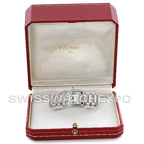 The Cartier Tank Francaise W51008Q3 Women's Stainless Steel Silver Dial W51008Q3 Women's Stainless Steel Silver Dial watch is shown from a front angle in an open red box with a white interior.