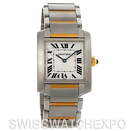 The Cartier Tank Francaise Women's Steel and Gold (two tone) Silver Dial Women's Steel and Gold (two tone) Silver Dial watch is shown in a front angle, highlighting its face, bracelet, and crown.