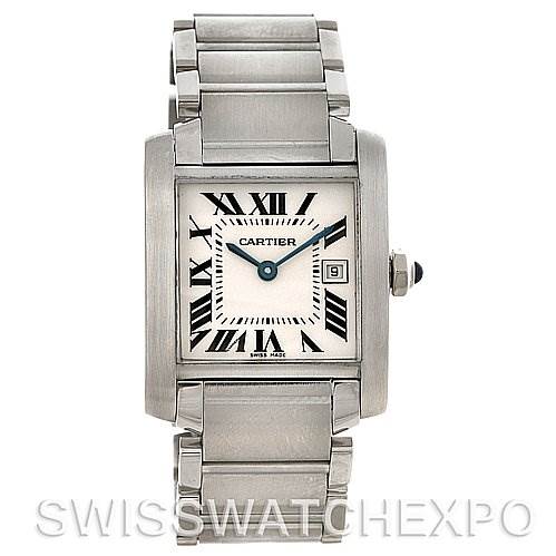 This image shows a front view of the Cartier Tank Francaise W51011Q3 Women's Stainless Steel Silver Dial W51011Q3 Women's Stainless Steel Silver Dial watch, highlighting its rectangular face, Roman numerals, and metal bracelet.