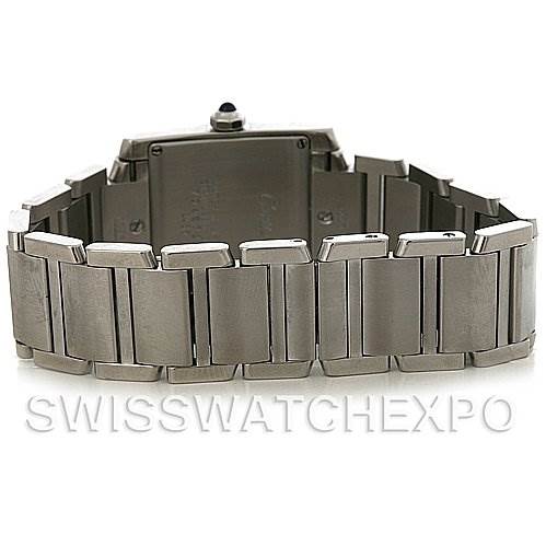 The image shows the back view of the Cartier Tank Francaise W51011Q3 Women's Stainless Steel Silver Dial W51011Q3 Women's Stainless Steel Silver Dial watch, highlighting its metal bracelet and clasp.