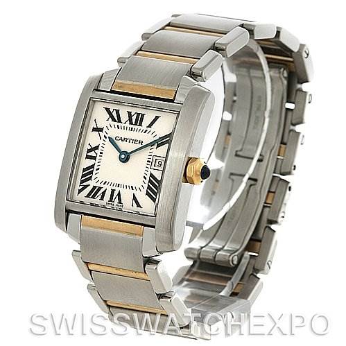 The image shows a Cartier Tank Française watch at an angle displaying the watch face, case, bracelet, and part of the clasp.