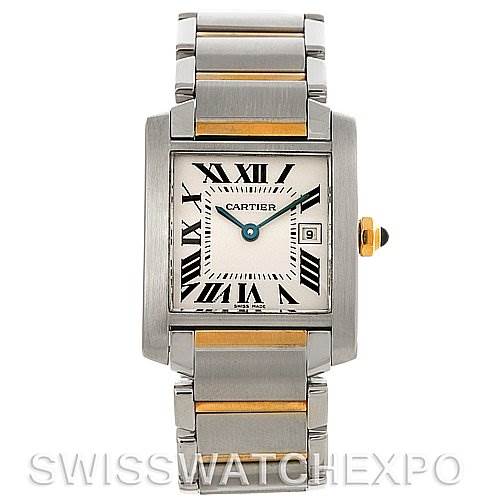 This image shows a front view of a Cartier Tank Francaise W51012Q4 Women's Steel and Gold (two tone) Silver Dial W51012Q4 Women's Steel and Gold (two tone) Silver Dial watch, focusing on the face and metal bracelet.