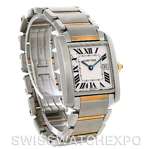 The Cartier Tank Francaise W51012Q4 Women's Steel and Gold (two tone) Silver Dial W51012Q4 Women's Steel and Gold (two tone) Silver Dial watch is shown at an angle displaying the face, bezel, bracelet, and crown.