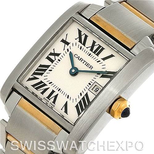 The image shows a close-up of the Cartier Tank Française watch, featuring the dial, crown, and part of the bracelet.