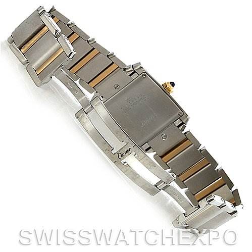 The image shows the back of the Cartier Tank Francaise W51012Q4 Women's Steel and Gold (two tone) Silver Dial W51012Q4 Women's Steel and Gold (two tone) Silver Dial watch, highlighting the stainless steel bracelet and clasp.