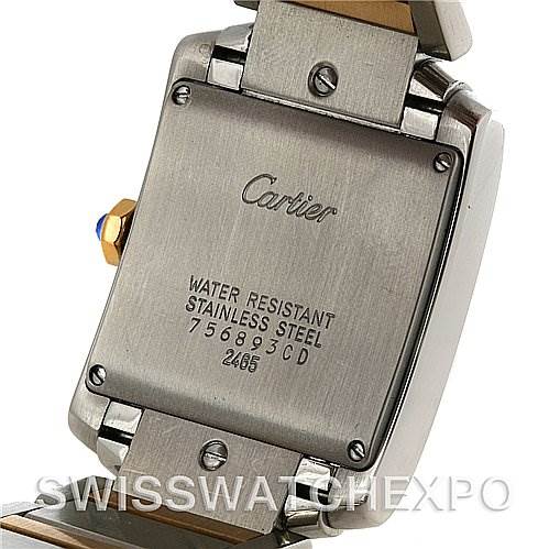 The image shows the back case of a Cartier Tank Francaise W51012Q4 Women's Steel and Gold (two tone) Silver Dial W51012Q4 Women's Steel and Gold (two tone) Silver Dial watch, highlighting its stainless steel material, water resistance, and inscriptions.