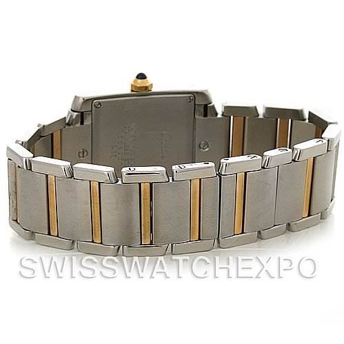 The image shows the back view of a Cartier Tank Francaise W51012Q4 Women's Steel and Gold (two tone) Silver Dial W51012Q4 Women's Steel and Gold (two tone) Silver Dial watch, displaying its case and two-tone bracelet.