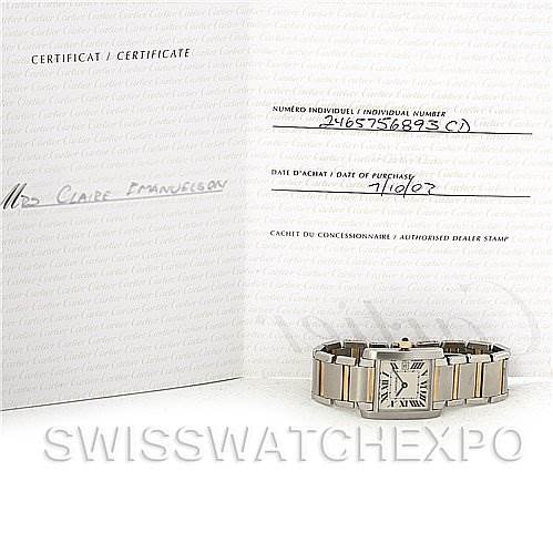 The image shows a Cartier Tank Francaise W51012Q4 Women's Steel and Gold (two tone) Silver Dial W51012Q4 Women's Steel and Gold (two tone) Silver Dial watch displayed in front of its certificate.