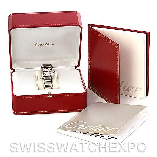 The Cartier Tank Francaise W51012Q4 Women's Steel and Gold (two tone) Silver Dial W51012Q4 Women's Steel and Gold (two tone) Silver Dial watch is shown from a front angle, inside its box, with accompanying documents and packaging.