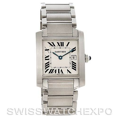 This is a front view of a Cartier Tank Francaise W51011Q3 Women's Stainless Steel Silver Dial W51011Q3 Women's Stainless Steel Silver Dial watch, showing the face, bracelet, and crown.