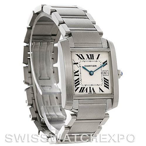 The image shows a Tank Francaise model by Cartier, displaying its face, crown, and part of the stainless steel bracelet at a three-quarter angle.