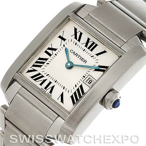 This close-up angle shows the face, bezel, and part of the stainless steel bracelet of the Cartier Tank Francaise W51011Q3 Women's Stainless Steel Silver Dial W51011Q3 Women's Stainless Steel Silver Dial watch.