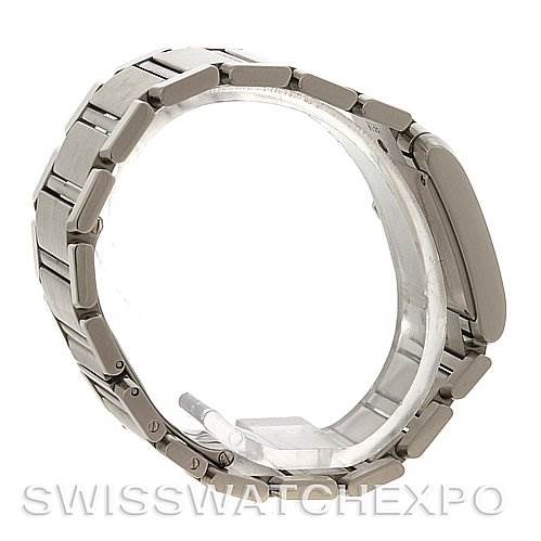 This image shows a side view of the Cartier Tank Francaise W51011Q3 Women's Stainless Steel Silver Dial W51011Q3 Women's Stainless Steel Silver Dial watch, highlighting its stainless steel bracelet and clasp.