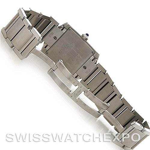 The image shows the back and clasp of the Cartier Tank Francaise W51011Q3 Women's Stainless Steel Silver Dial W51011Q3 Women's Stainless Steel Silver Dial watch, highlighting its bracelet links and deployment clasp.