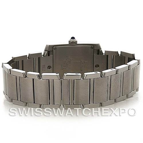This image shows the back and bracelet of the Cartier Tank Francaise W51011Q3 Women's Stainless Steel Silver Dial W51011Q3 Women's Stainless Steel Silver Dial watch from a rear angle.