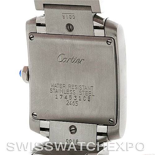 This image shows the back case and part of the bracelet of a Cartier Tank Francaise W51011Q3 Women's Stainless Steel Silver Dial W51011Q3 Women's Stainless Steel Silver Dial watch.