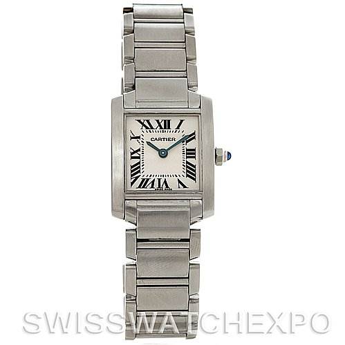 The image shows a front view of a Cartier Tank Française watch, highlighting its stainless steel bracelet and square dial.