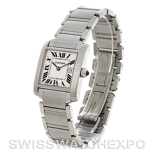 The image shows a Cartier Tank Francaise W51011Q3 Women's Stainless Steel Silver Dial W51011Q3 Women's Stainless Steel Silver Dial watch at a three-quarter angle, highlighting its face and metal bracelet.