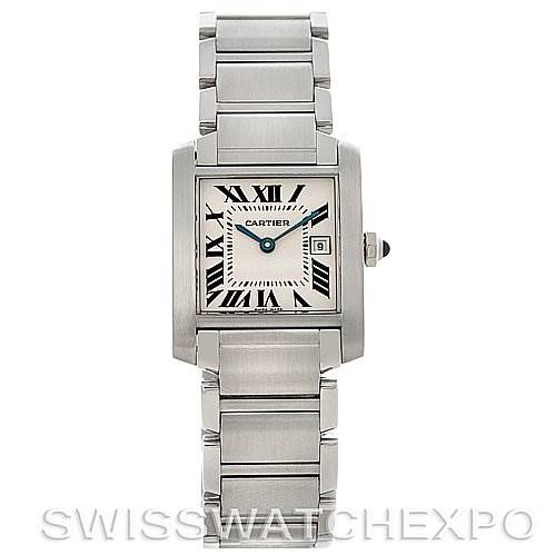 This image shows a Cartier Tank Francaise W51011Q3 Women's Stainless Steel Silver Dial W51011Q3 Women's Stainless Steel Silver Dial model watch, featuring its rectangular face, Roman numeral markers, and metal bracelet.