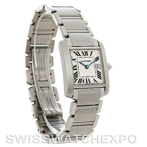 The image shows a Cartier Tank Francaise W51011Q3 Women's Stainless Steel Silver Dial W51011Q3 Women's Stainless Steel Silver Dial watch at a three-quarter angle, displaying its face, bracelet, and crown.