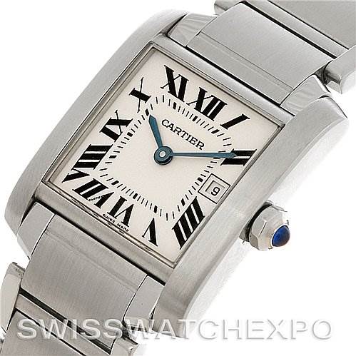 This image shows a top-side angle view of a Cartier Tank Francaise W51011Q3 Women's Stainless Steel Silver Dial W51011Q3 Women's Stainless Steel Silver Dial watch, highlighting its face, bezel, and part of the bracelet.
