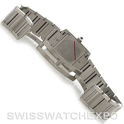 The image shows the back and bracelet of the Cartier Tank Francaise W51011Q3 Women's Stainless Steel Silver Dial W51011Q3 Women's Stainless Steel Silver Dial watch from a side angle.