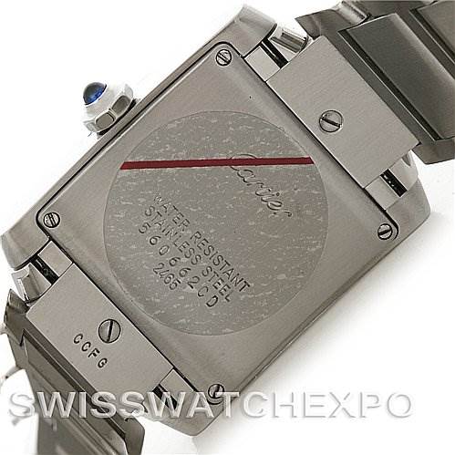 This image shows the back of the Cartier Tank Française watch, highlighting its stainless steel case and engraved details.