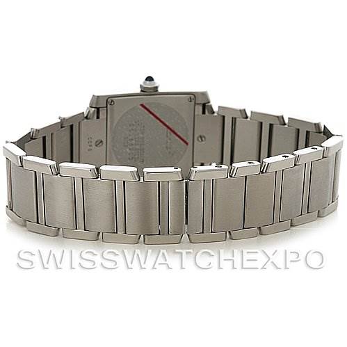 The image shows the back view of the Cartier Tank Francaise W51011Q3 Women's Stainless Steel Silver Dial W51011Q3 Women's Stainless Steel Silver Dial watch, focusing on its metal bracelet and clasp.