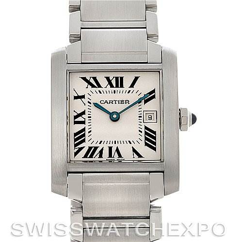 This image shows a frontal view of the Cartier Tank Francaise W51011Q3 Women's Stainless Steel Silver Dial W51011Q3 Women's Stainless Steel Silver Dial watch, featuring its rectangular face and metal bracelet.