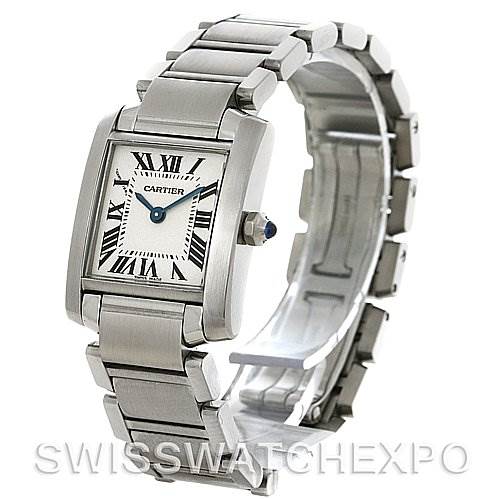 This image shows the Cartier Tank Française watch from a front angle, highlighting the face, bracelet, and crown.