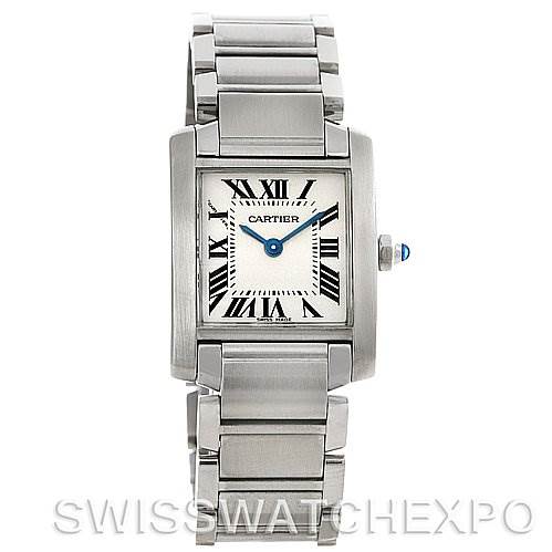 This image shows a front view of a Cartier Tank Française watch, featuring its stainless steel bracelet and rectangular dial.