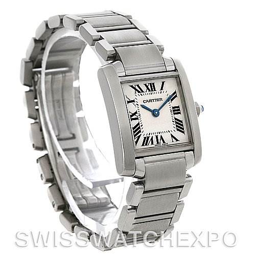 This image shows a Cartier Tank Francaise W51008Q3 Women
s Stainless Steel Silver Dial W51008Q3 Women
s Stainless Steel Silver Dial watch angled slightly to the left, displaying the face and bracelet.