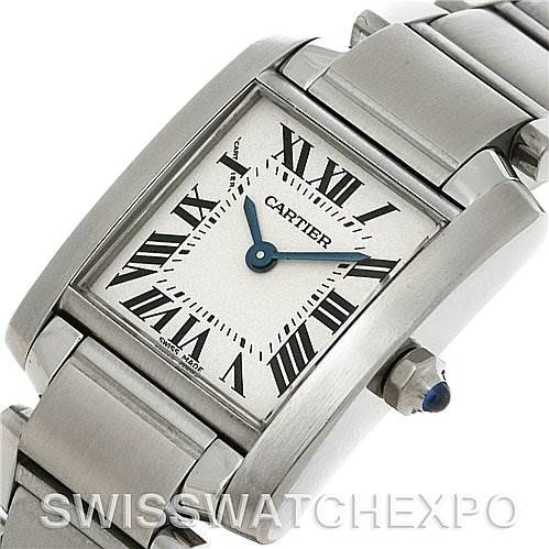 The image shows a Tank Francaise model watch by Cartier from a top angle, highlighting the face, crown, and part of the bracelet.