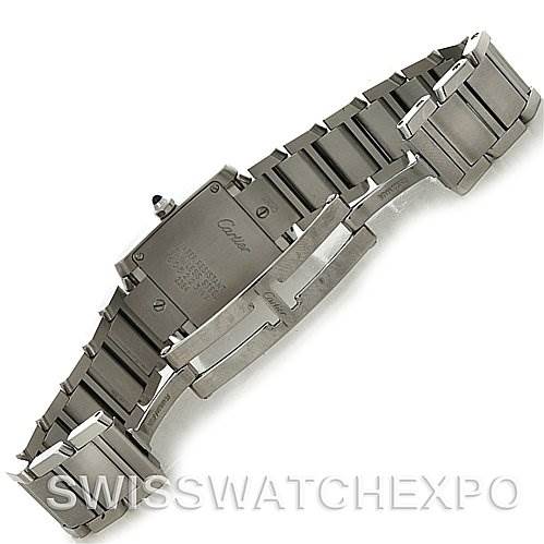 The image shows the back view and stainless steel bracelet of the Cartier Tank Française watch.
